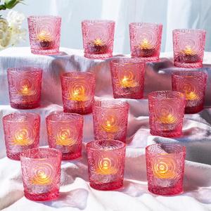 56 Pack Sun Moon Star Embossed Glass Tea Light Candle Holders - Votive Candle Holders for Wedding, Party, Home Decor, and Table Centerpieces (Blush Pink)