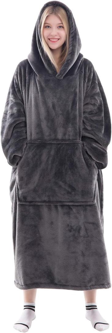 Waitu Wearable Blanket Sweatshirt Gifts for Women and Men, Warm and Cozy Giant Blanket Hoodie, Thick Flannel Blanket with Sleeves and Giant Pocket - Dark Gray- Adult