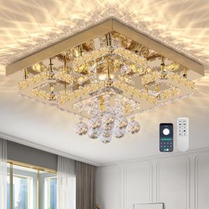 26 inch Gold Crystal Chandeliers, Flush Mount Chandelier LED Ceiling Light, Dia 26 inch