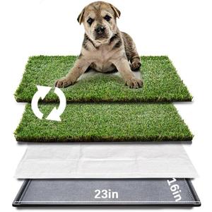 HQ4us Dog Grass Pad with Tray Small 23" x 16" Dog Litter Box Toilet for Puppy (No Grate) with 2Artificial Grass for Dogs with Hemmed Edge, Pee Pads for Dogs, Realistic, Less Stink, Potty for Balcony