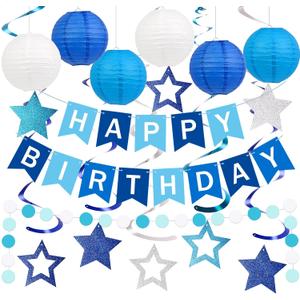 Happy Birthday Decorations, Blue Birthday Party Decorations Set with Happy Birthday Banner, Paper Lanterns, Star Swirl Hanging Decorations & Circle Dots Garland