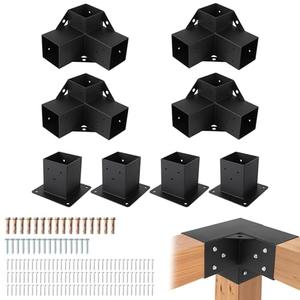 Heavy-Duty Carbon Steel Pergola Kit,4x3-Way Brackets & 4 Bases for 4x4 Lumber, Outdoor Patio Gazebo & Log Cabin Builds
