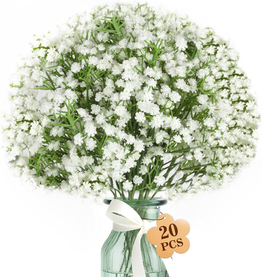 MAQIAHN 20 Baby Breath Artificial Flowers - Babies Breath Flowers Artificial Bulk Faux Flowers Bouquet White Flores Greenery Real Touch Fake Flower Arrangements Wedding Centerpieces Tables Decorations