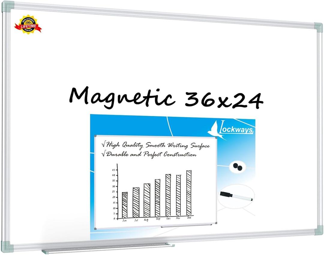 Lockways Magnetic Dry Erase Board, 36 x 24 Inch Magnetic Whiteboard White Board, 1 Dry Erase Markers, 2 Magnets for School, Home, Office (Silver)