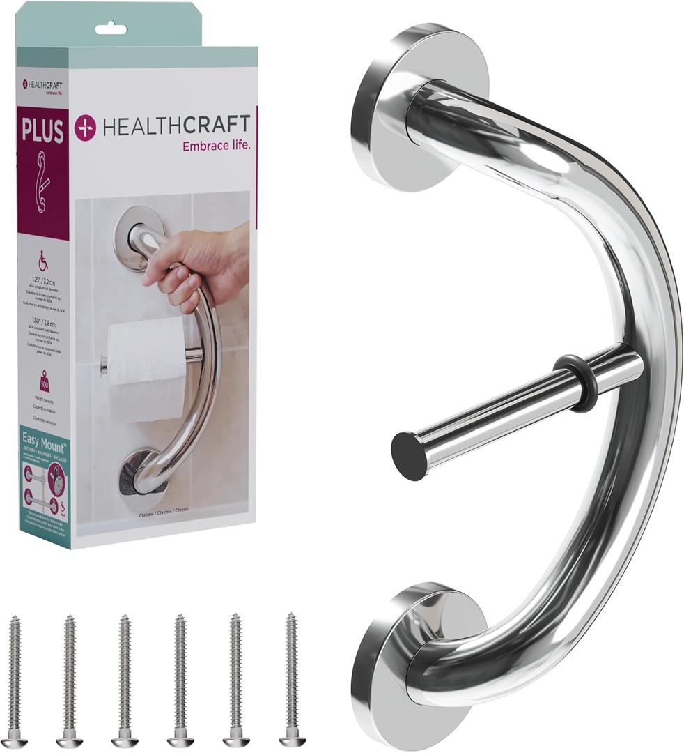 HEALTHCRAFT Plus 2-in-1 Toilet Paper Holder and Grab Bar (14 Inch) | ADA Compliant Safety Grab Bar for Seniors, Wall-Mounted, Supports Up to 500 lbs, Polished Chrome
