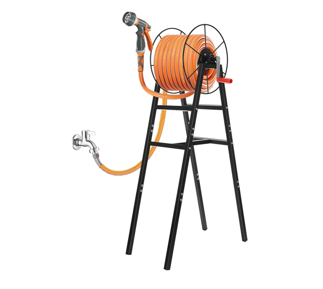 Freestanding Garden Hose Reel Holds 150 Ft Hose, Metal Garden Hose Holder for Outdoor, Garden Stand Rack for Water Pipe Organizer Storage, Black