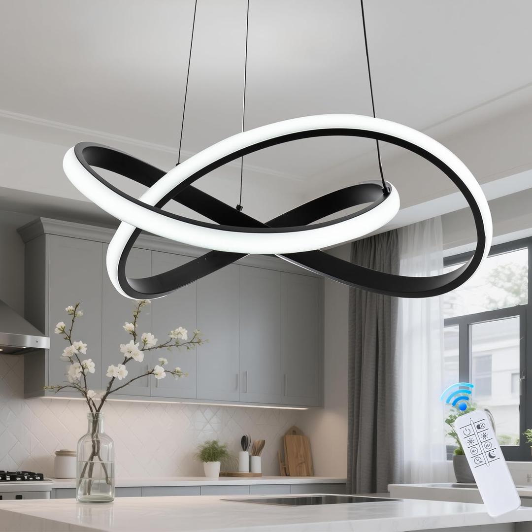MAYNA Modern LED Pendant Light with Remote Control, 3-Color Dimmable Contemporary LED Chandelier with Irregular Ring Lights, Modern Chandeliers for Dining Room Kitchen, Black 25.6 inch