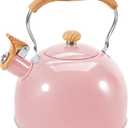 GGC Tea Kettle for Stove Top, 85OZ/2.6QT Whistling Tea Kettles for Boiling Water Milik or Coffee, Pink Stainless Steel Tea Pots with Wood Pattern Folding Handle, Thumb Design Control Kettle Outlet