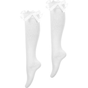Teaaha White Knee High Socks with Bow, Women's Soft Solid Lace Thigh High Stocks Cotton Sock Lovely and Cute Lace Ruffle Bow Girls Princess Sock over the Knee Tube Socks Thigh Stockings, One Size