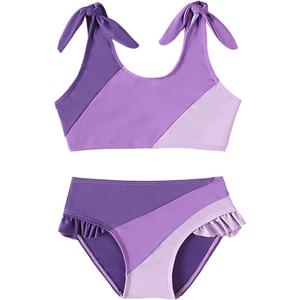 Toddler Girls Swimsuit Color Block Swimwear Kids Two Piece Bathing Suits Bowknot Beach Bikini Set L-purple, 13-14 Years