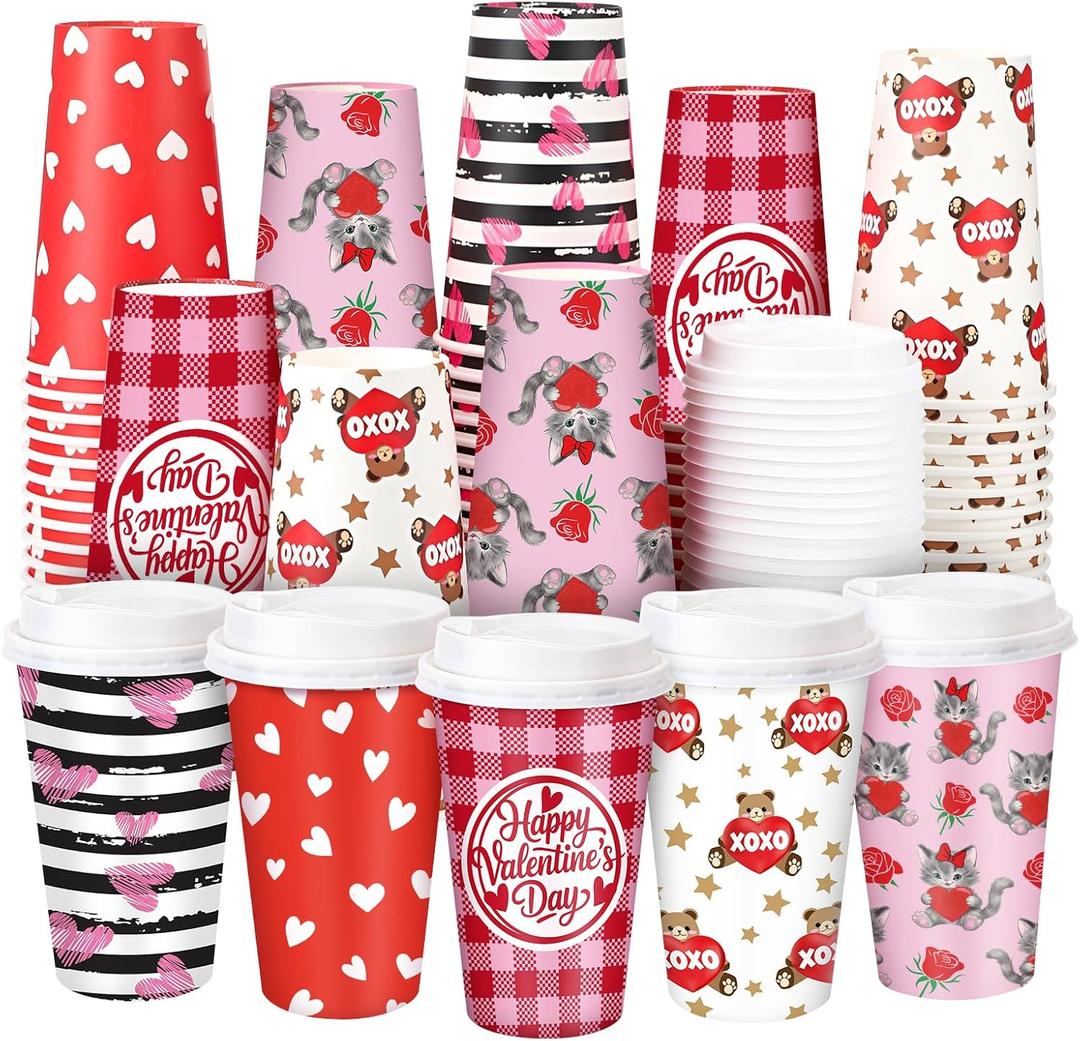 100 Pack Valentine's Day Disposable Cups 16 oz Pink Red Hearts Bear Stripe Coffee Cups Wedding Anniversary Party Supplies for Hot Chocolate Cocoa Tea Coffee Bar Accessories