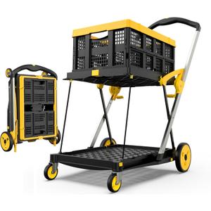 Collapsible Shopping Cart with Wheels, 200 lbs Capacity Grocery Cart on Wheels with Storage Crate, Platform Hand Truck with Foot Brake, Yellow