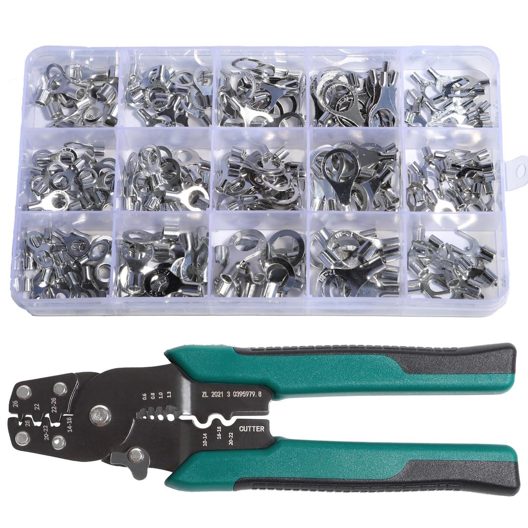 260Pcs Non Insulated Ring Connectors Crimper Kit Electrical Crimping Tool AWG 22-16 16-14 12-10 Copper Fork Crimp Terminals Cable Tin-Plated Wire Lugs