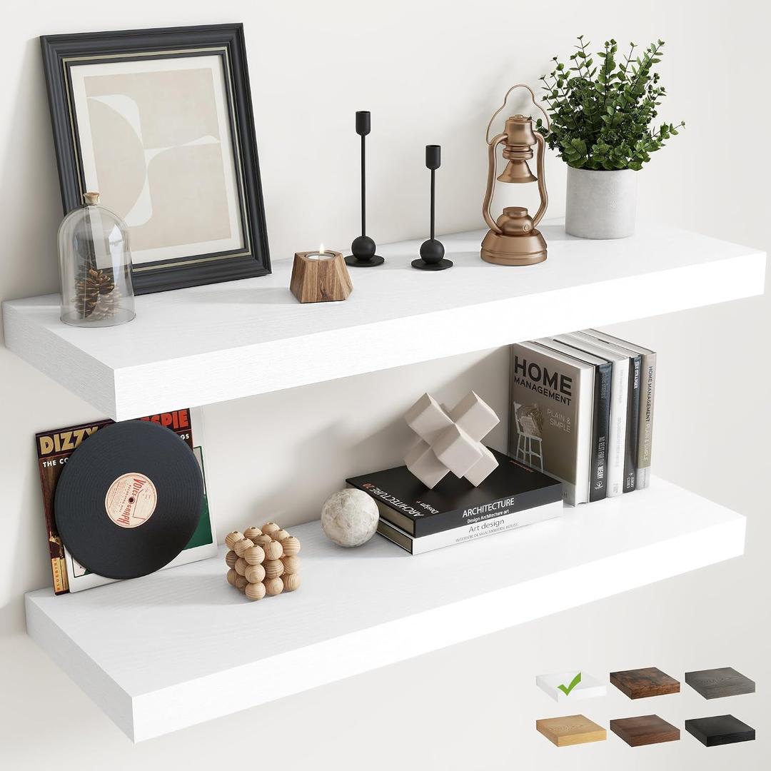 40 Inch Long Floating Shelves for Wall Set of 2, 12"D Wood Grain Bathroom Shelves with Invisible Brackets, Easy Install Engineered Wood Storage Shelves for Kitchen, Living Room, Bedroom, White Finish, 40Wx12Dx1.5H, 2P