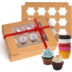 Rarapop 25 Pack Cupcake Boxes Hold 12 Standard Cupcakes, Food Grade Cupcake Holders Bakery Carrier Boxes with Windows and Inserts for Cupcakes, Muffins and Pastries