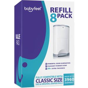 Babyfeel Refills Compatible with DEKOR CLASSIC Diaper Pails | 8 Pack | Exclusive 30% Extra Thickness | Diaper Pail Refills with Powerful Odor Elimination | Powder Scent | Holds up to 3960 Diapers Babyfeel Refills Compatible with DEKOR CLASSIC Diaper Pails | 8 Pack | Exclusive 30% Extra Thickness | Diaper Pail Refills with Powerful Odor Elimination | Powder Scent | Holds up to 3960 Diapers