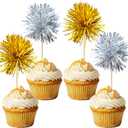 Gyufise 30Pcs Foil Firework Cupcake Toppers Sparkle Tinsel Cake Toppers Tinsel Drink Cake Decoration Cocktail Picks for Birthday Wedding Graduation Party Supplies Gold Silver