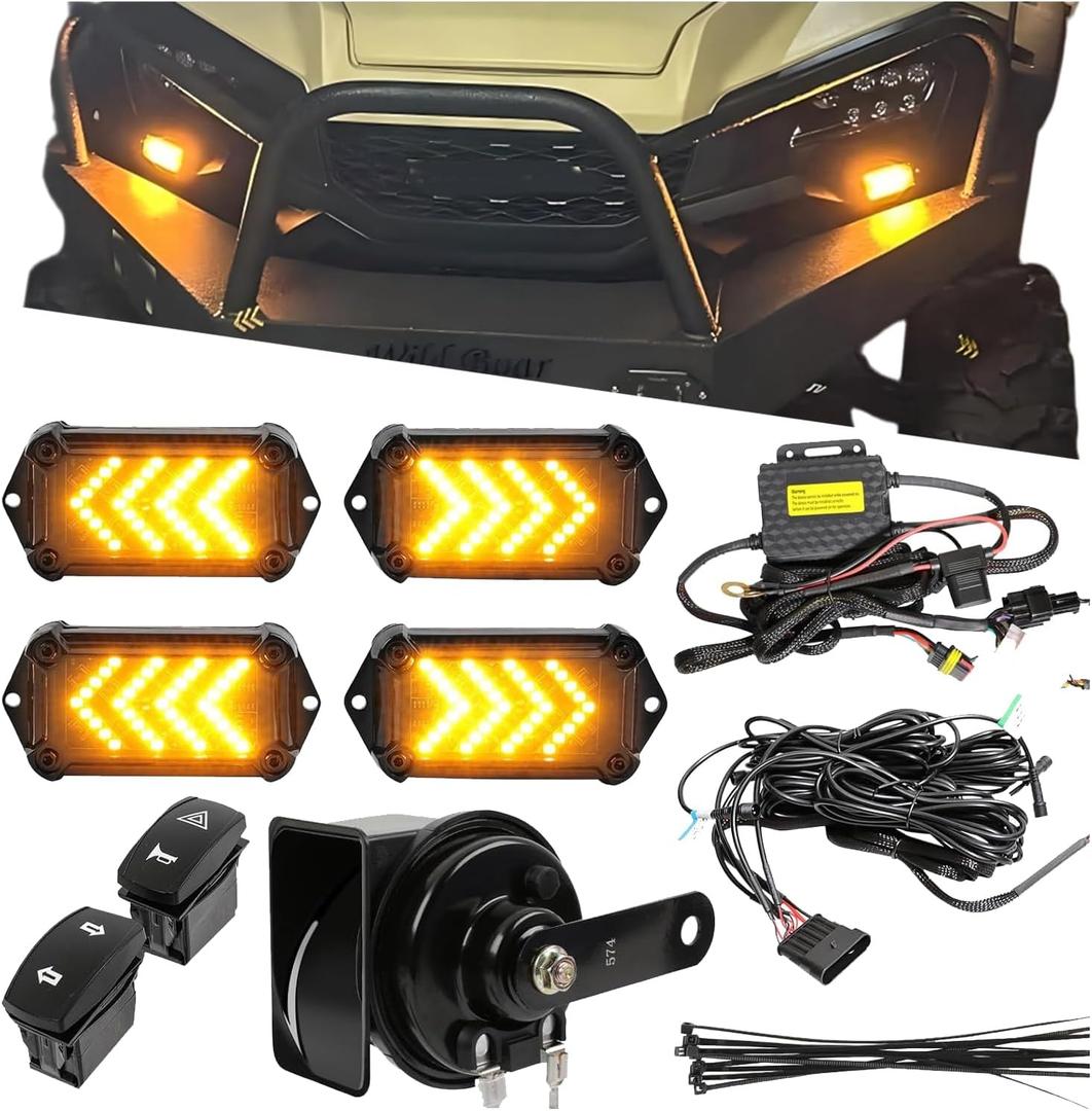 DREAMIZER UTV Turn Signal Kit with Horn,Pre-Wired, Plug and Play ATV SXS Blinker with Rocker Switch, Hazard Light, Universal Street Legal Turn Signals Compatible with Polaris Can-Am and more