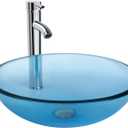 Bathroom Vessel Sink, Tempered Glass Vanity Round Bowl with Chrome Faucet and Pop up drain Set, Blue
