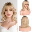 Haloo Blonde Short Bob Wigs with Bangs Shoulder Length Wavy Layered Flipped Ends Natural Looking Medium Synthetic Hair Wig for Women Daily Party, 14 Inch Ombre Blonde