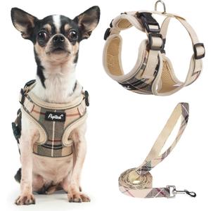 PUPTECK Soft Mesh Dog Harness and Leash Set Pet Puppy Cat Adjustable Reflective Padded Vest No Pull Harnesses, Beige, XS (XS (NECK: 11-13", CHEST: 11-15"))