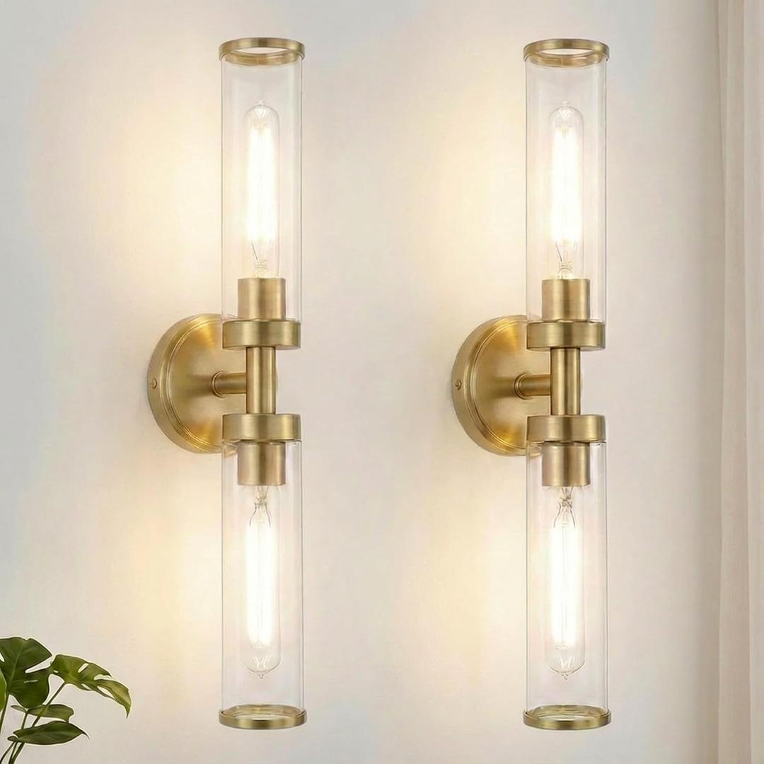 Hardwired Brushed Gold Wall Sconces Set of Two, Bathroom Light Fixtures with Clear Glass Modern Wall Scones for Bathroom Mirror Living Room Hallway Bedroom(Bulbs Not Include)