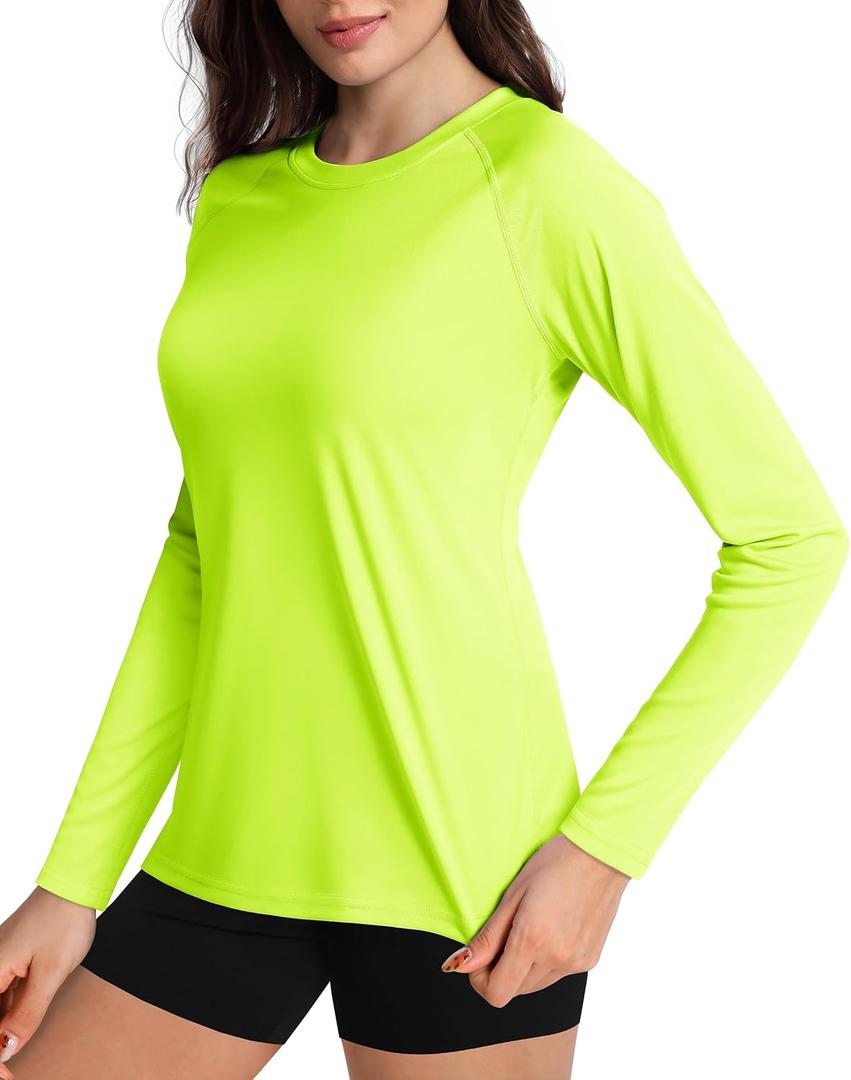 Boladeci Women's Sun Shirts UPF 50+ UV Protection Rash Guard Long Sleeve Swim Shirts Quick Dry Lightweight Workout Tops (Large, 01 Fluorescent Green)