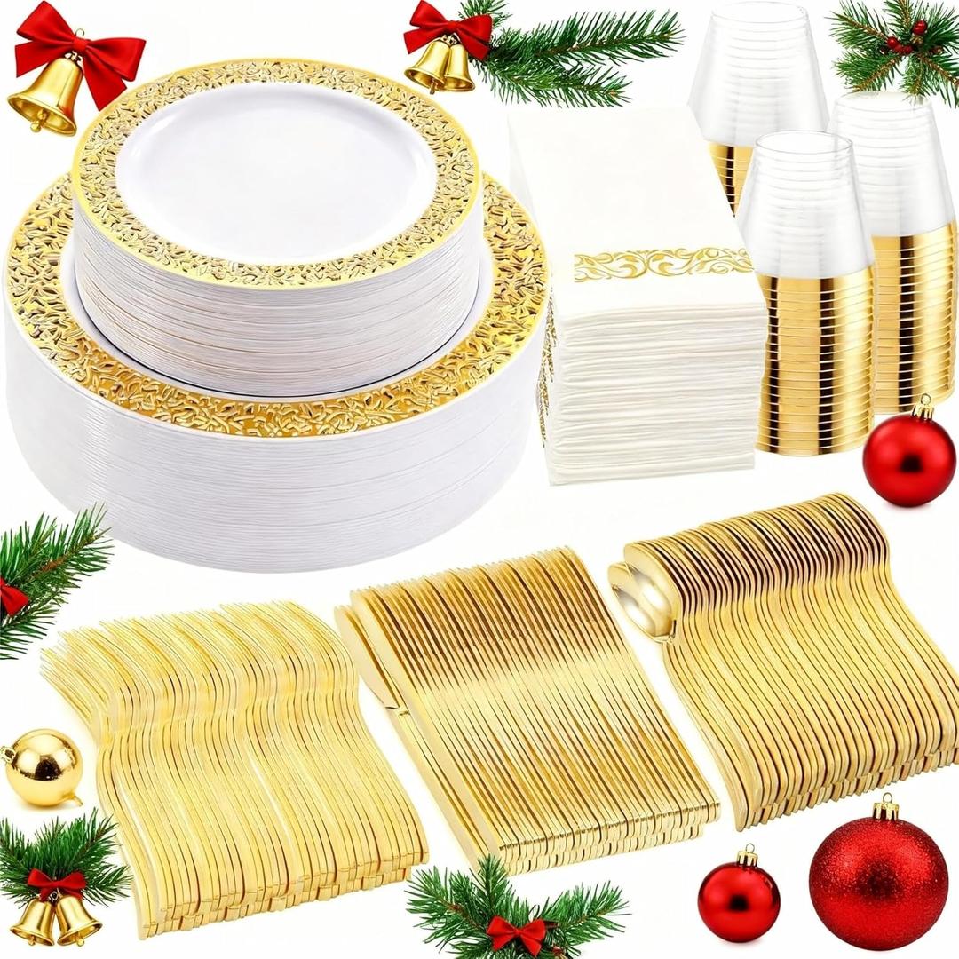 WELLIFE 190Pcs Gold Plastic Dinnerware - Disposable Silverware and Cups, Include:30 Dinner Plates, 30 Dessert Plates, 30 Paper Napkins, 30 Cups, 10 Gold Plastic Knife, Set for Party and Christmas