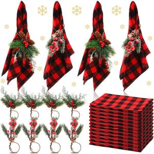 Christmas Napkins and Ring Set 12 Cloth Dinner Napkin Cocktails Buffalo Plaid Napkins 12 Christmas Napkin Rings Pine Cone Holder for Holiday Party Supplies