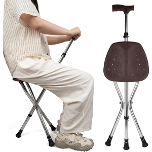 Cane with Seat Folding Lightweight,Walking Stick Height Adjustment,Cane Chair for Seniors Balance Supports Up to 330 Pounds,Anti-Slip Walking Stick for Elderly Men, Disabled