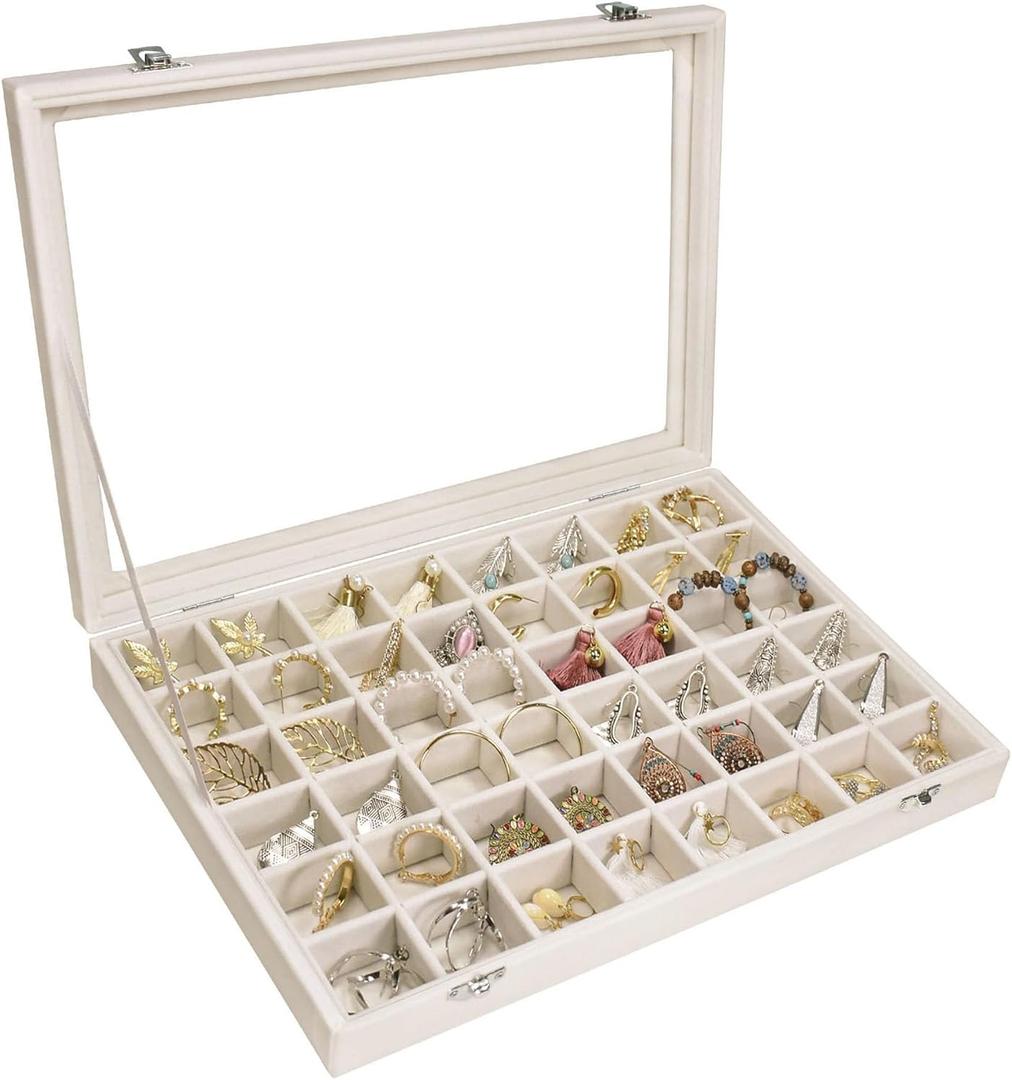 Velvet Jewelry Tray 48 Grid Jewelry Display Tray Organizer Box with Transparent Lid Rings Earrings Necklaces Pendants Display Box Suitable for Women and Girls (Beige)