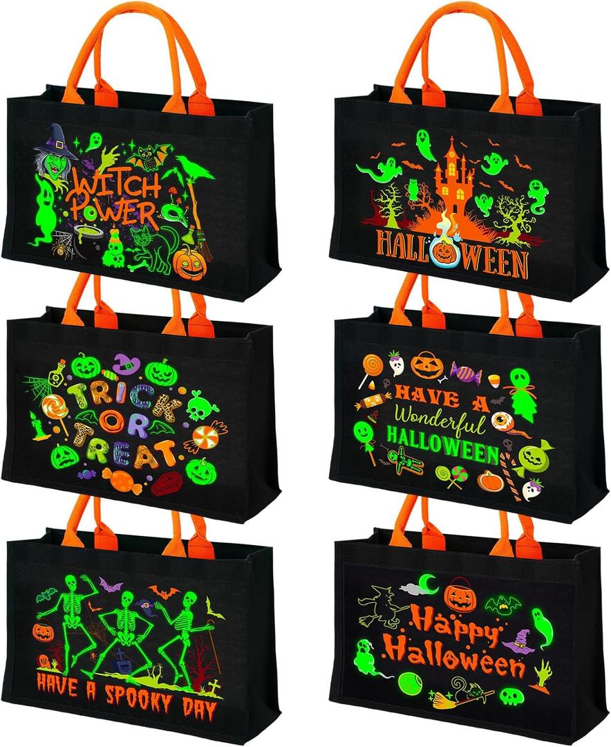 Paterr 6 Pcs Halloween Trick or Treat Bags Glow in The Dark Halloween Tote Bag 14.6'' Canvas Reusable Candy Bags for Trick or Treating, Party Favors