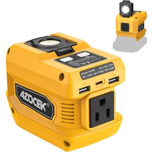Azocek 220W Power Inverter Compatible with Dewalt 20V Battery(Battery not Included), DC 20V to AC 110V, 2 USB Ports & 1 Type-C Fast Charging, 400LM LED Work Light