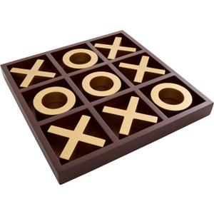 Deco 79 Wooden Tic Tac Toe Game Set with Gold X and O Pieces, 14" x 14" x 2", Brown