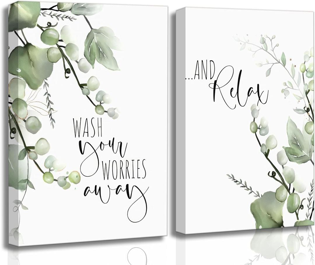 2 Pcs Botanical Canvas Wall Art Green Eucalyptus Leaves Picture Wall Decor Plant Watercolor Bathroom Poster Print for Toilet Laundry Clean Room Home Decoration