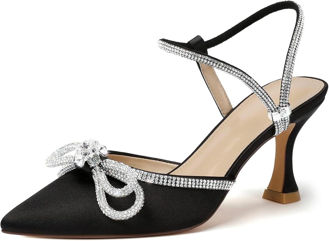 Susanny Women's Closed Toe Rhinstone Wedding Low Heel Slingback Clear Kitten Heels,Adjustable Strap Pointed Toe Bow Pumps High Heeled Prom Dress Shoes (6)