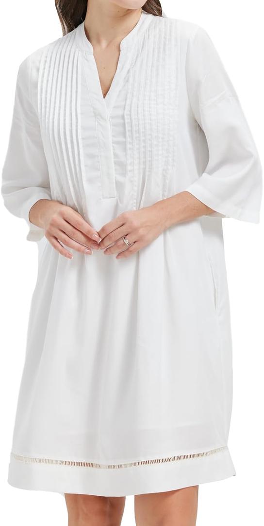KYAL Women's Denim Short Summer Dress V-Neck Mid-Sleeve Shift Casual Relaxed Beach Party Flowy Dress (White, L)