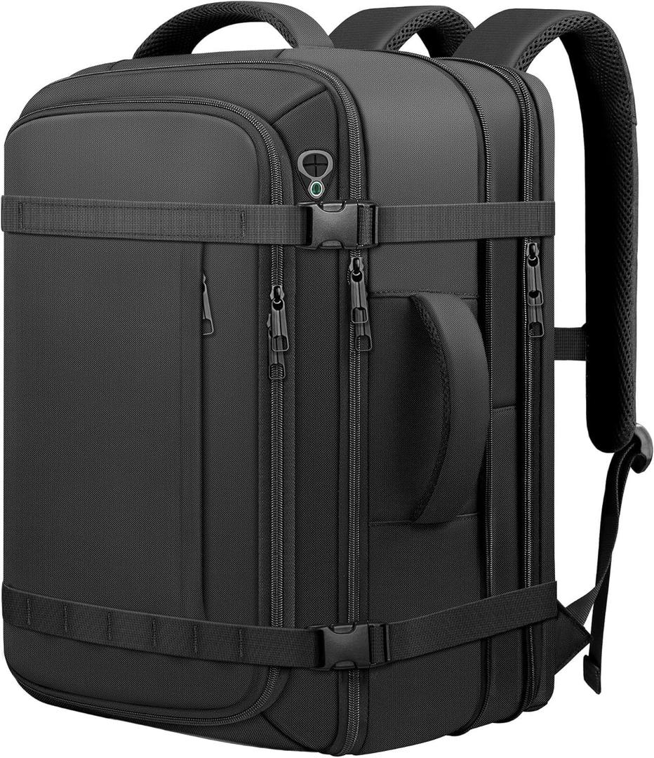Ample Space Travel Backpack with LifetimeWarranty,Expandable Carry on Backpack with USB Cable Port,Fits 17.3"Laptop Notebook,Water Resistant Weekender Backpack Business Trips,Daily Travel, Black, Standard（35L-45L）