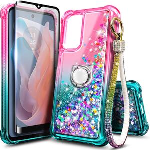 Compatible with Motorola Moto G-5G-2024 Case, Pink/Aqua | Glitter Bling Sparkly Floating Liquid Cute Phone Cover with Tempered Glass Screen Protector/Ring Holder/Diamond Wrist Strap Lanyard