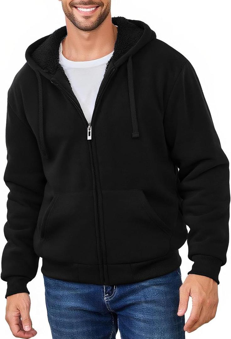 Men's Fleece Sherpa Lined Hoodies Heavyweight Full Zip Thick Hooded Jacket Winter Warm Athletic Sweatshirt (Medium, Black)