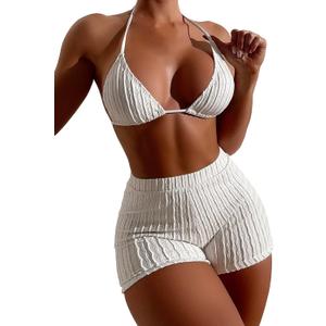 COZYEASE Women's 2 Piece Swimsuits Halter Triangle Top with High Waisted Shorts Bathing Suits Bikini Sets (Size Large, Beige)