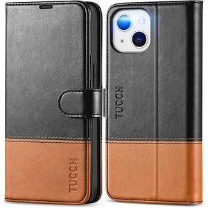 TUCCH Wallet Case for iPhone 13, [RFID Blocking] [3 Card Slots] TPU Interior Protective Case, Magnetic Folio Shockproof PU Leather Stand Flip Cover Compatible with iPhone 13 6.1 5G, Black & Brown