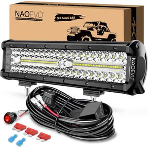 NAOEVO 12 Inch LED Light Bar, 300W 30000LM LED Offroad/Driving/Fog Lights with Wiring Harness Kit, Spot Flood Work Lights for Truck UTV ATV Golf Cart Boat (White)