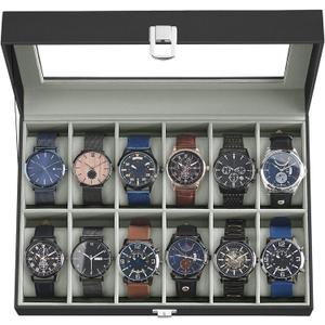 SONGMICS Watch Box, 12-Slot Watch Case Organizer with Large Glass Lid, Removable Pillows, Gift for Loved Ones, Black Synthetic Leather, Gray Lining UJWB12BK