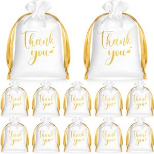 PerKoop 30 Pcs Thank You Satin Gift Bags 5 x 7 Inches Wedding Drawstring Jewelry Pouches Small Candy Bags for Guest Wedding Birthday Baby Shower Business Party Favors(White)