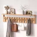 Wall Mounted Coat Rack with Shelf, 12 Flip-Down Hooks, Natural