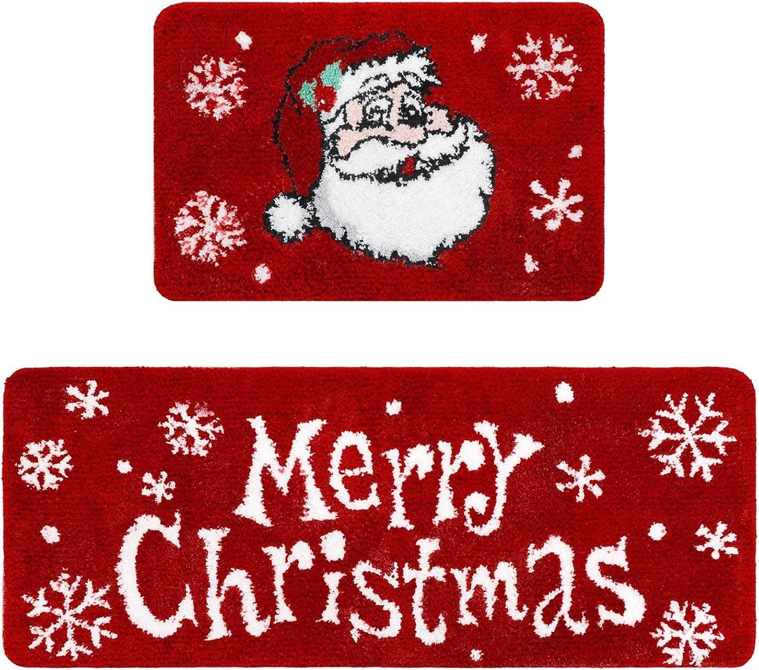 2 Pcs Merry Christmas Bathroom Rugs Set Soft Plush Santa Claus Bath Mat with Non-Slip Backing Washable Holiday Decorative Bath Rug Xmas Carpet for Christmas Bathroom Decor, 20 x 47 Inch