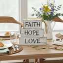 Christian Table Centerpiece Decor, 4 pcs Rustic Wooden Stacked Blocks with Faith Hope Love Signs, Wood Bead & Jute Tassel, Tiered Tray Decor for Home Office Mantle Living Room, Gifts for Christians