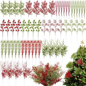60 Pcs Glitter Christmas Tree Picks Set Red Green Artificial Glitter Berry Stem Ornaments Fake Christmas Picks Curly Xmas Tree Filler Holiday Decorations DIY Crafts Home Decoration