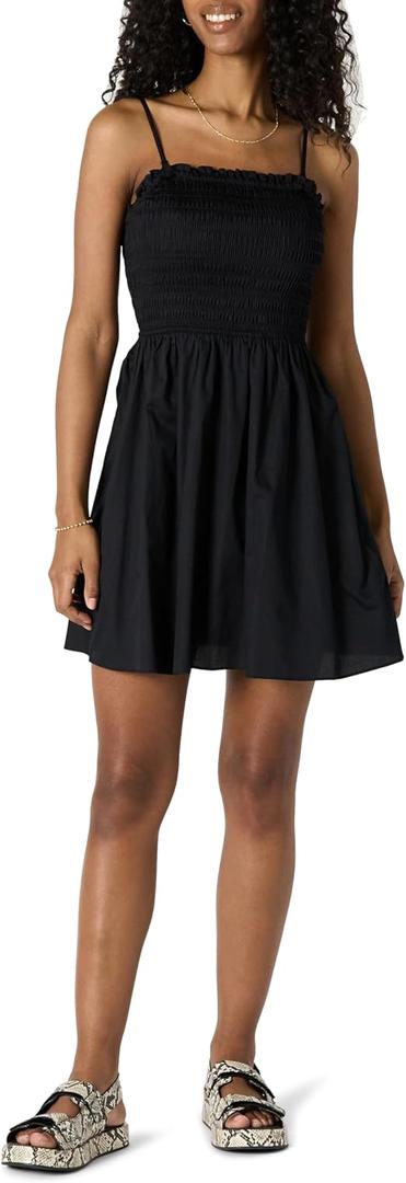 Amazon Essentials Women's Regular-Fit Cotton Sateen Smocked Bodice Mini Dress S